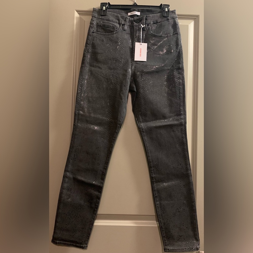 Good American Good Waist Jeans Gray Metallic Coated Snakeskin Skinny Size 8/29